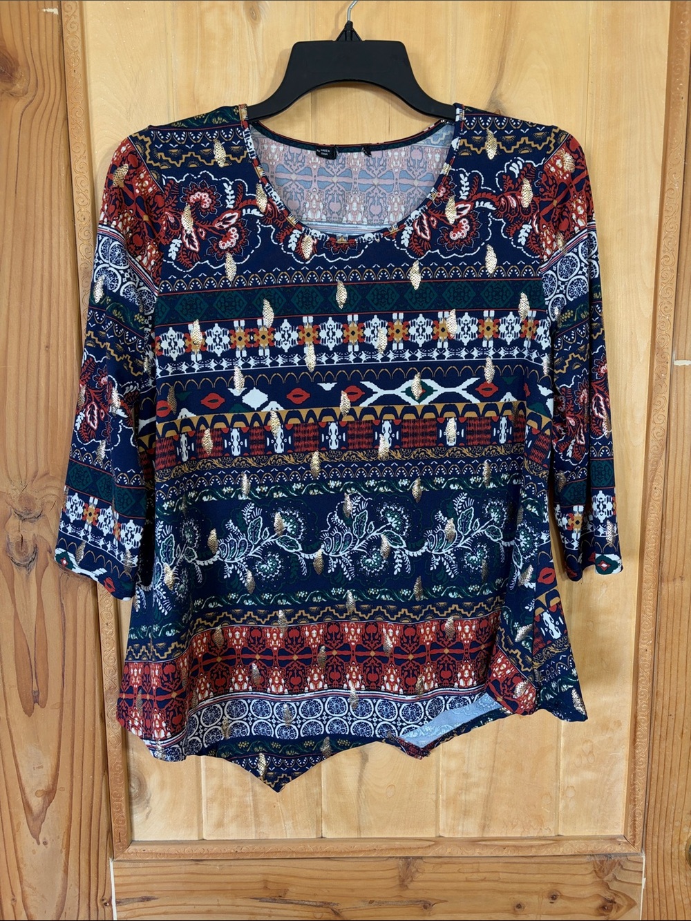 Women's Navy Multicolor Boho Print Scoop Neck Top